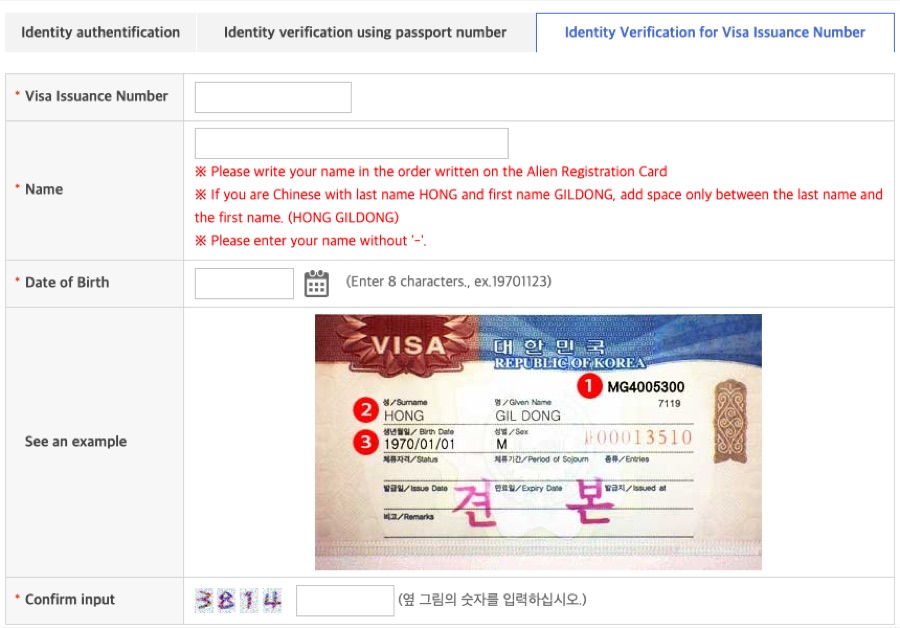 Visa issuance number form with HiKorea's example visa